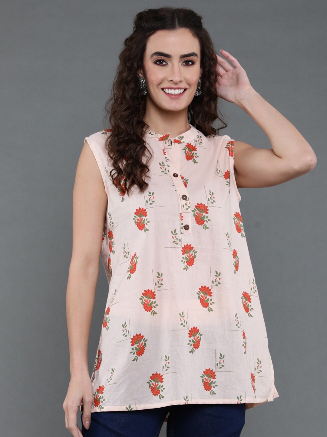 

antaran Floral Printed Mandarin Collar Cotton Tunic, Peach