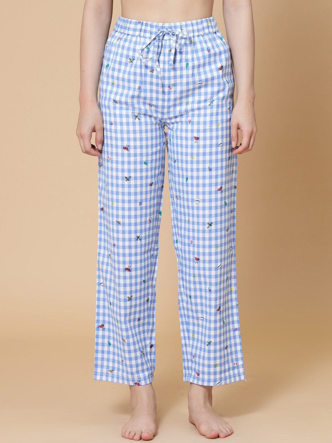 

HOUSE OF KKARMA Women Printed & Checked Cotton Lounge Pants, Blue