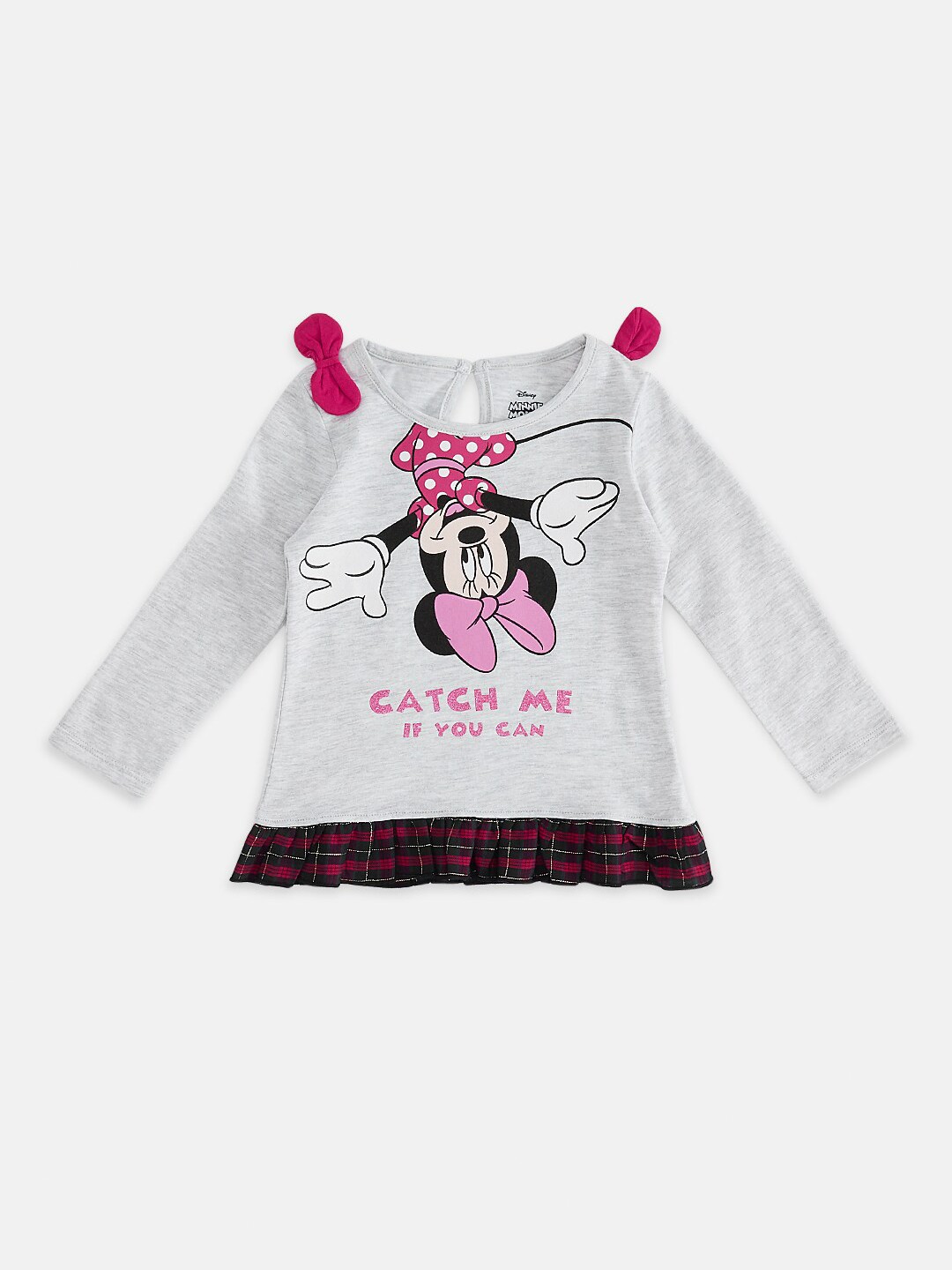 

Pantaloons Baby Infant Girls Minnie Mouse Printed Cotton T-shirt, Grey melange