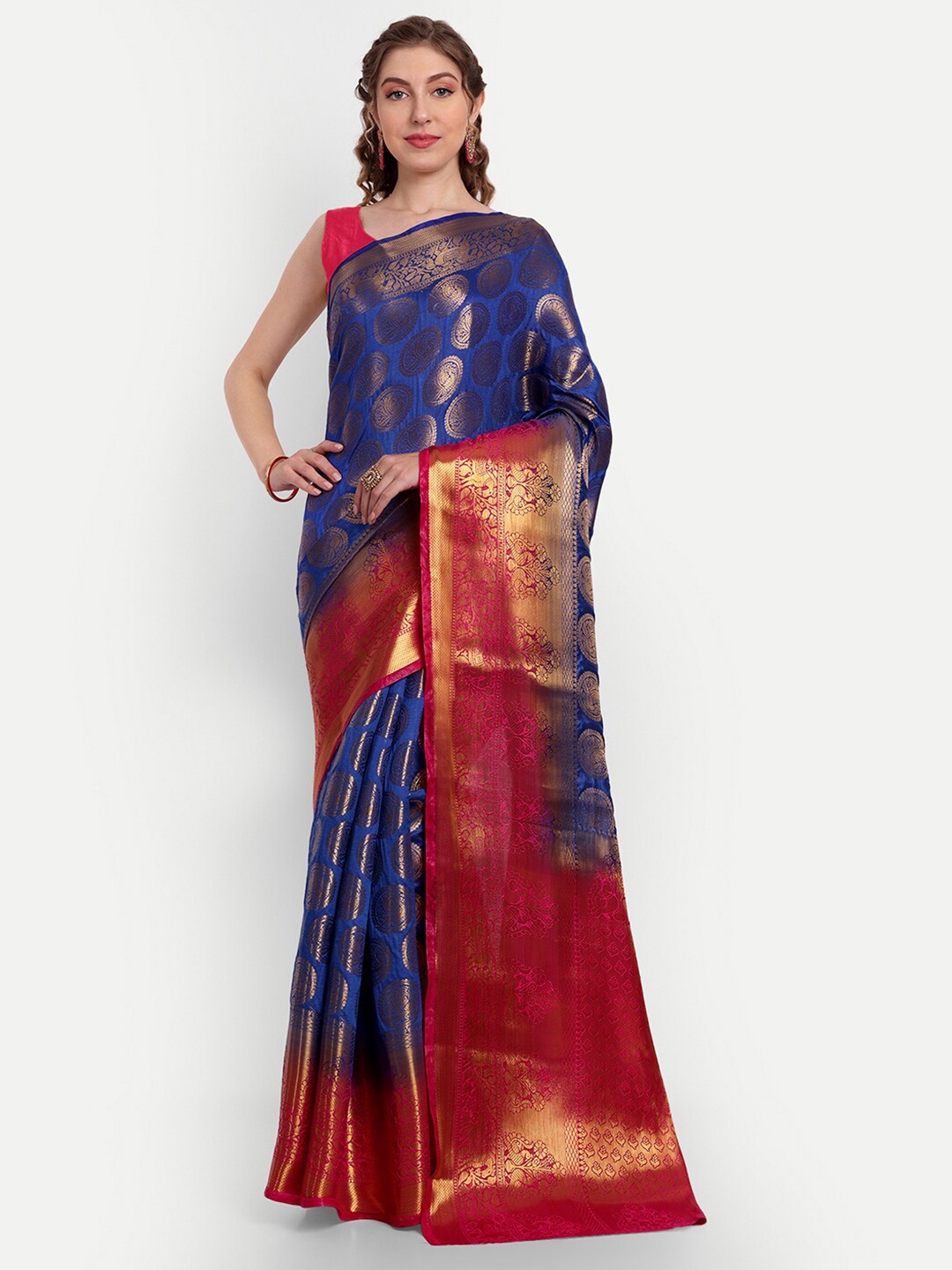 

Paramparik Textile Ethnic Motifs Woven Design Zari Pure Silk Banarasi Saree, Blue