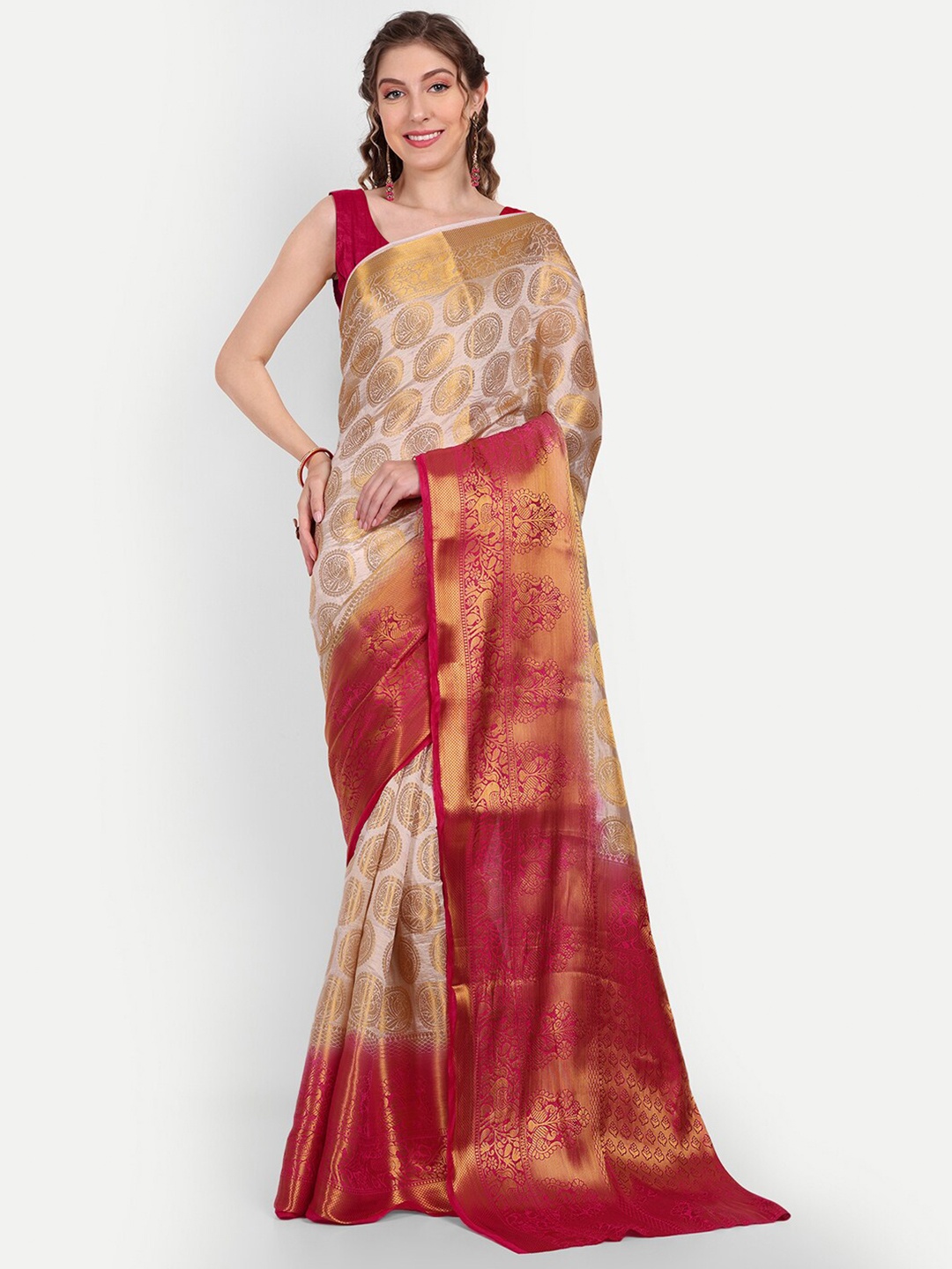 

Paramparik Textile Ethnic Motifs Woven Design Zari Pure Silk Banarasi Saree, White