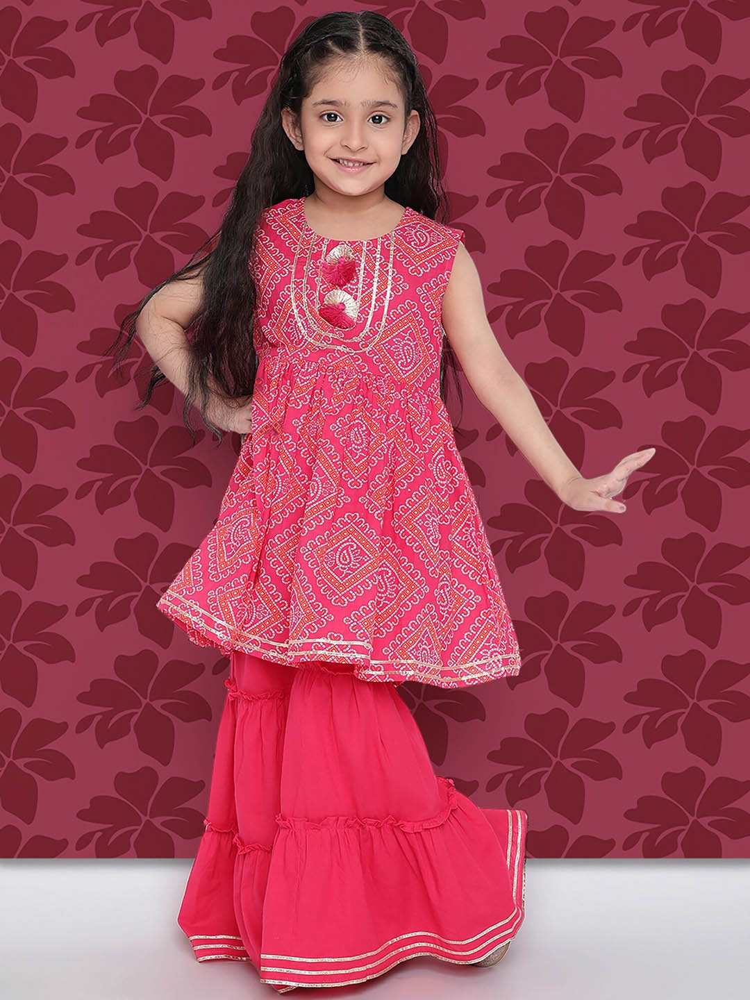 

Indo Era Girls Bandhani Printed A-Line Regular Gotta Patti Kurta With Sharara & Dupatta, Pink