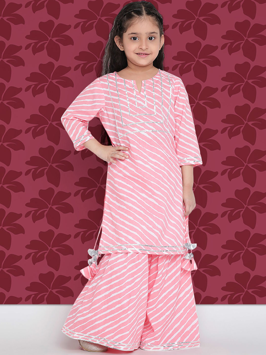 

Indo Era Girls Leheriya Printed Regular Gotta Patti Kurta With Sharara & Dupatta, Pink