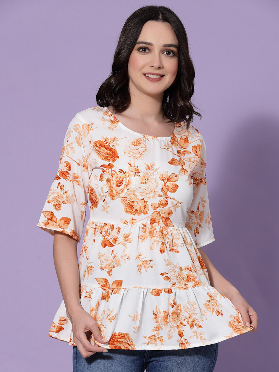 

BAESD Floral Printed Bell Sleeves Gathered or Pleated Crepe Top, Orange