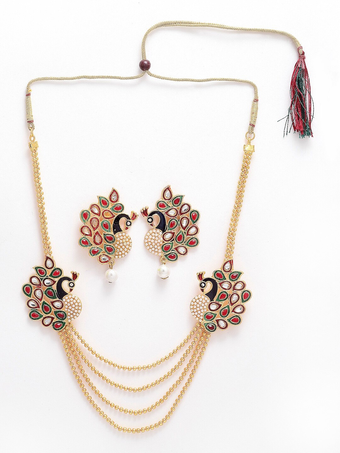 

Anouk Gold-Plated Stone Studded & Beaded Meenakari Design Peacock Necklace & Earrings
