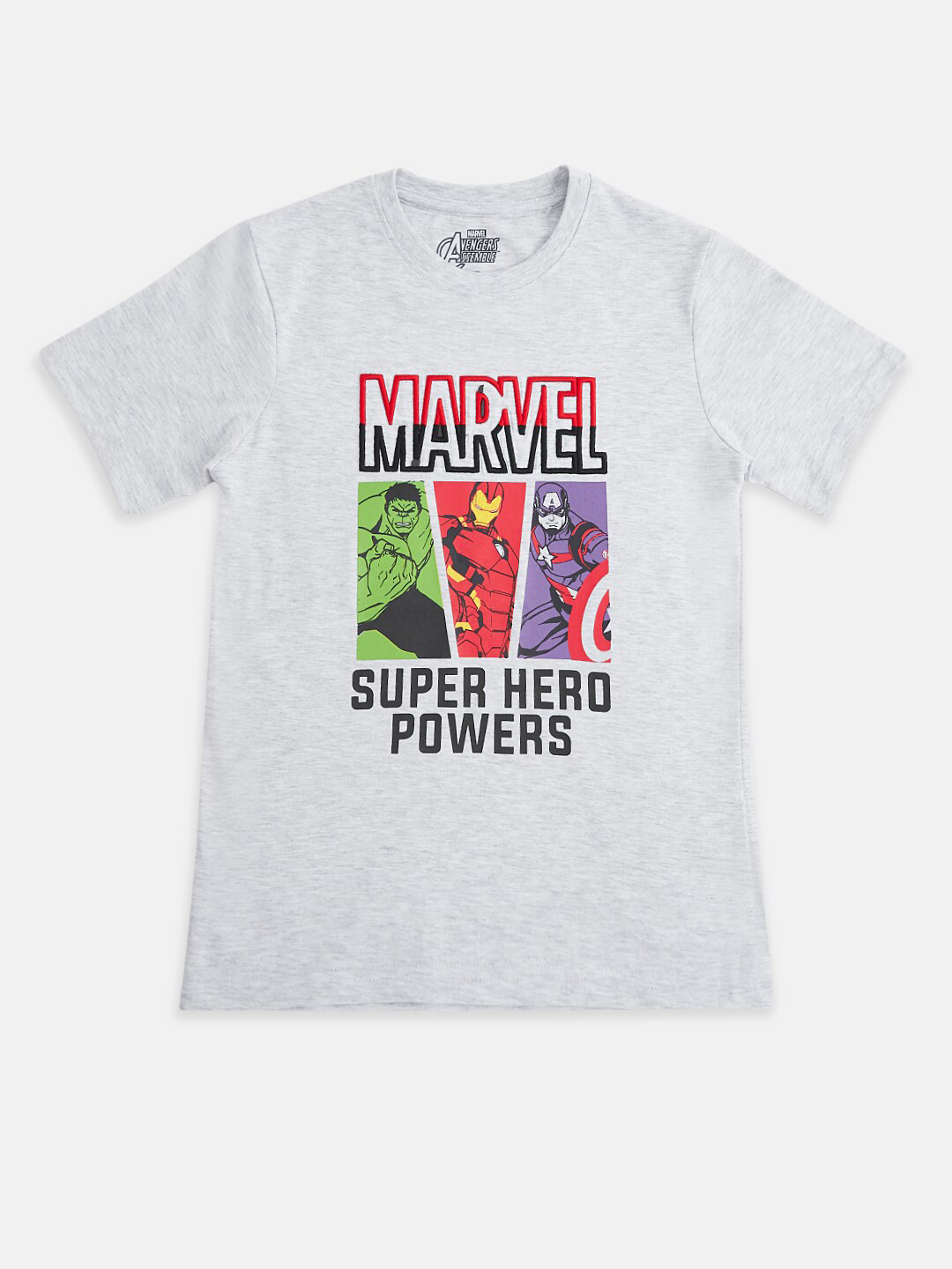 

Pantaloons Junior Boys Avengers Printed Pure Cotton T-shirt, Grey melange
