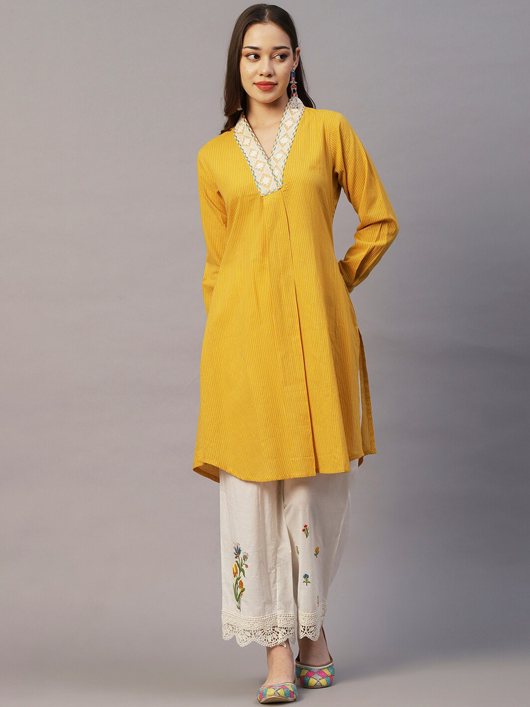 

FASHOR Yellow Striped V-Neck Pure Cotton A-Line Kurta With Palazzos