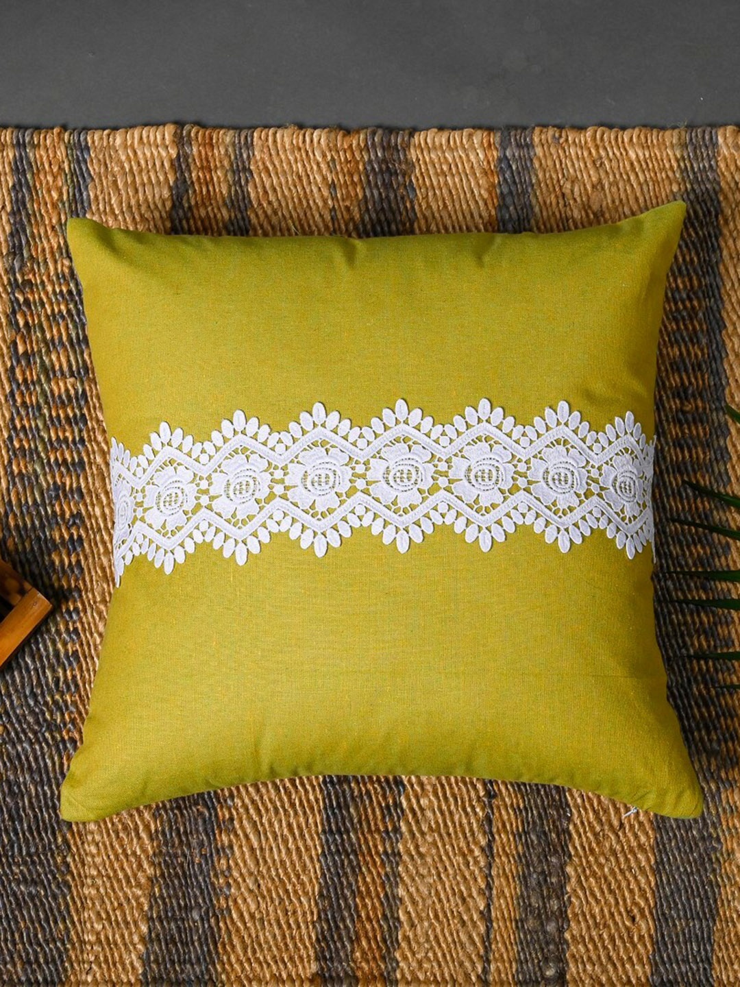 

OUSSUM Yellow & White Ethnic Motifs Cotton Square Cushion Cover