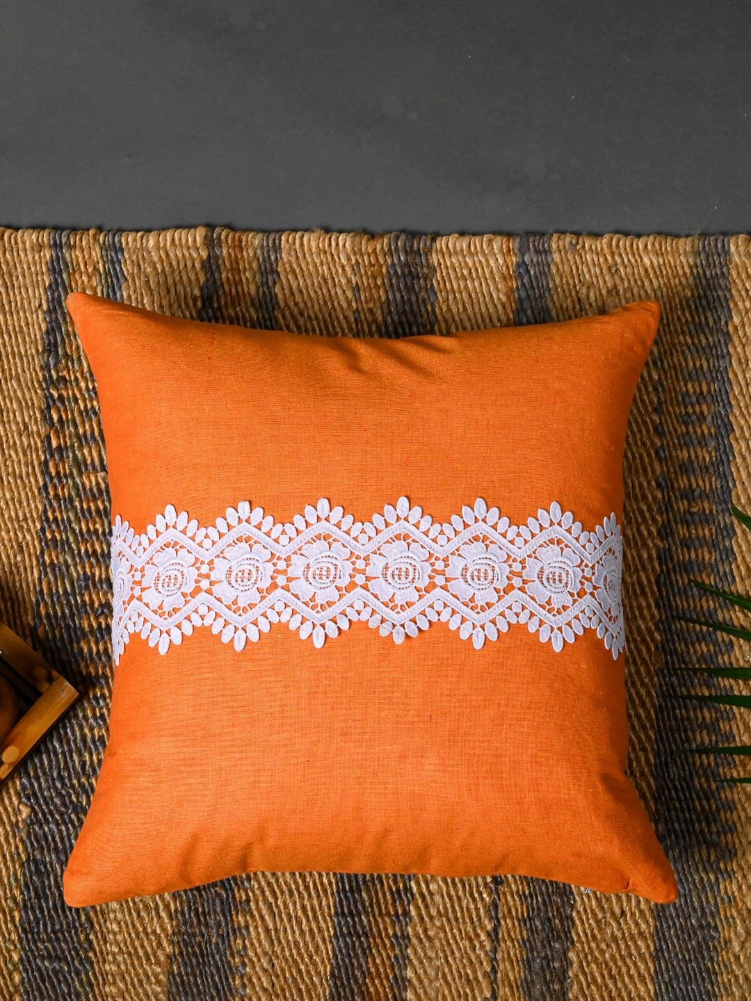 

OUSSUM Orange & White Cotton Square Cushion Cover