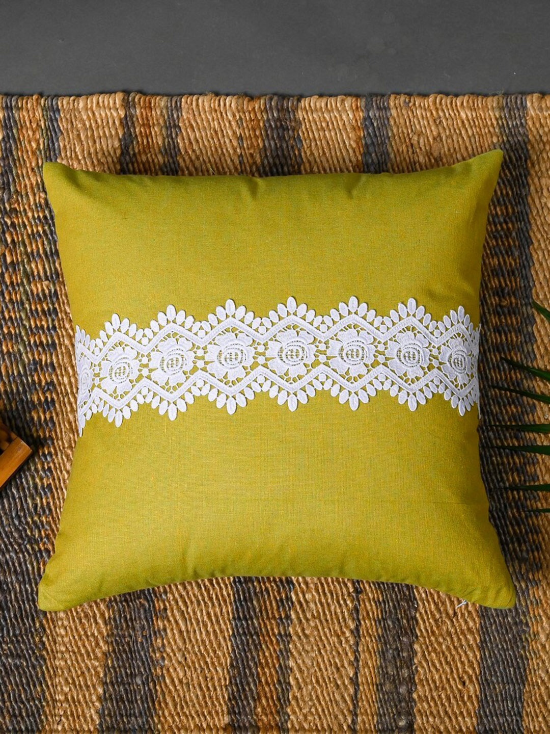 

OUSSUM Yellow & White Cotton Square Cushion Cover