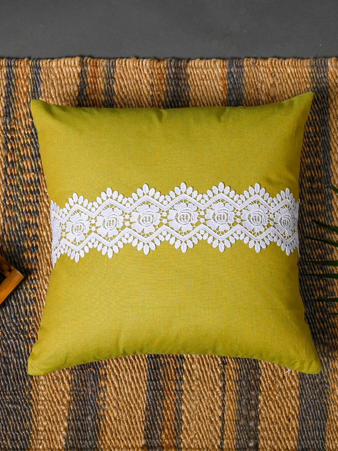 

OUSSUM Yellow & White Cotton Square Cushion Cover