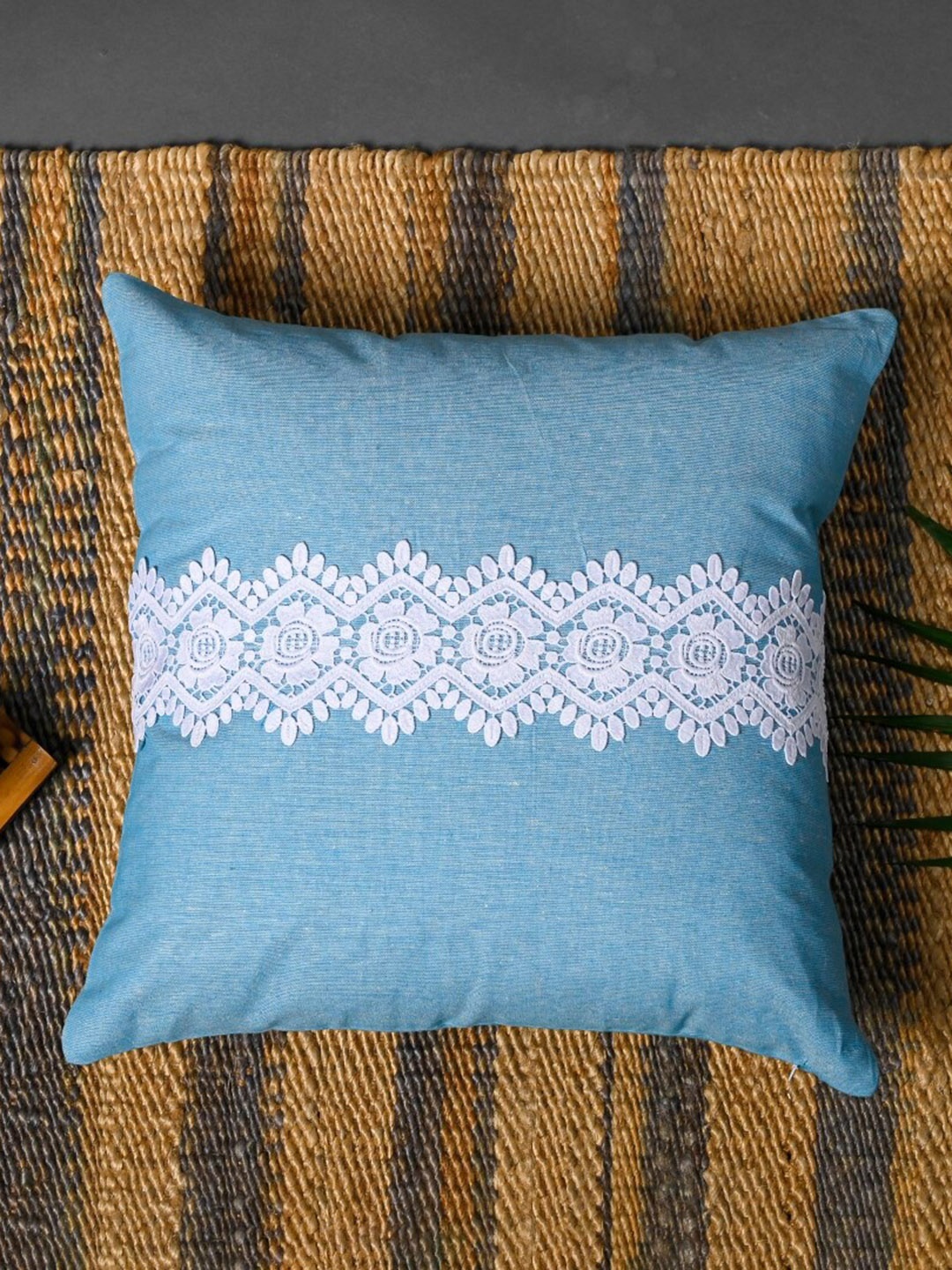

OUSSUM Blue & White Ethnic Motifs Cotton Square Cushion Cover