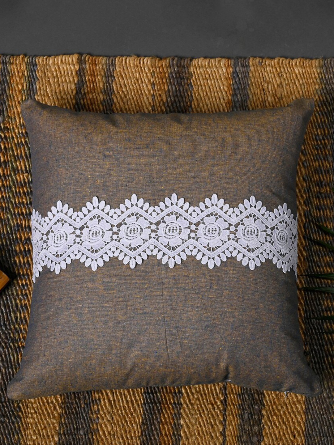 

OUSSUM Brown & White Ethnic Motifs Cotton Square Cushion Cover