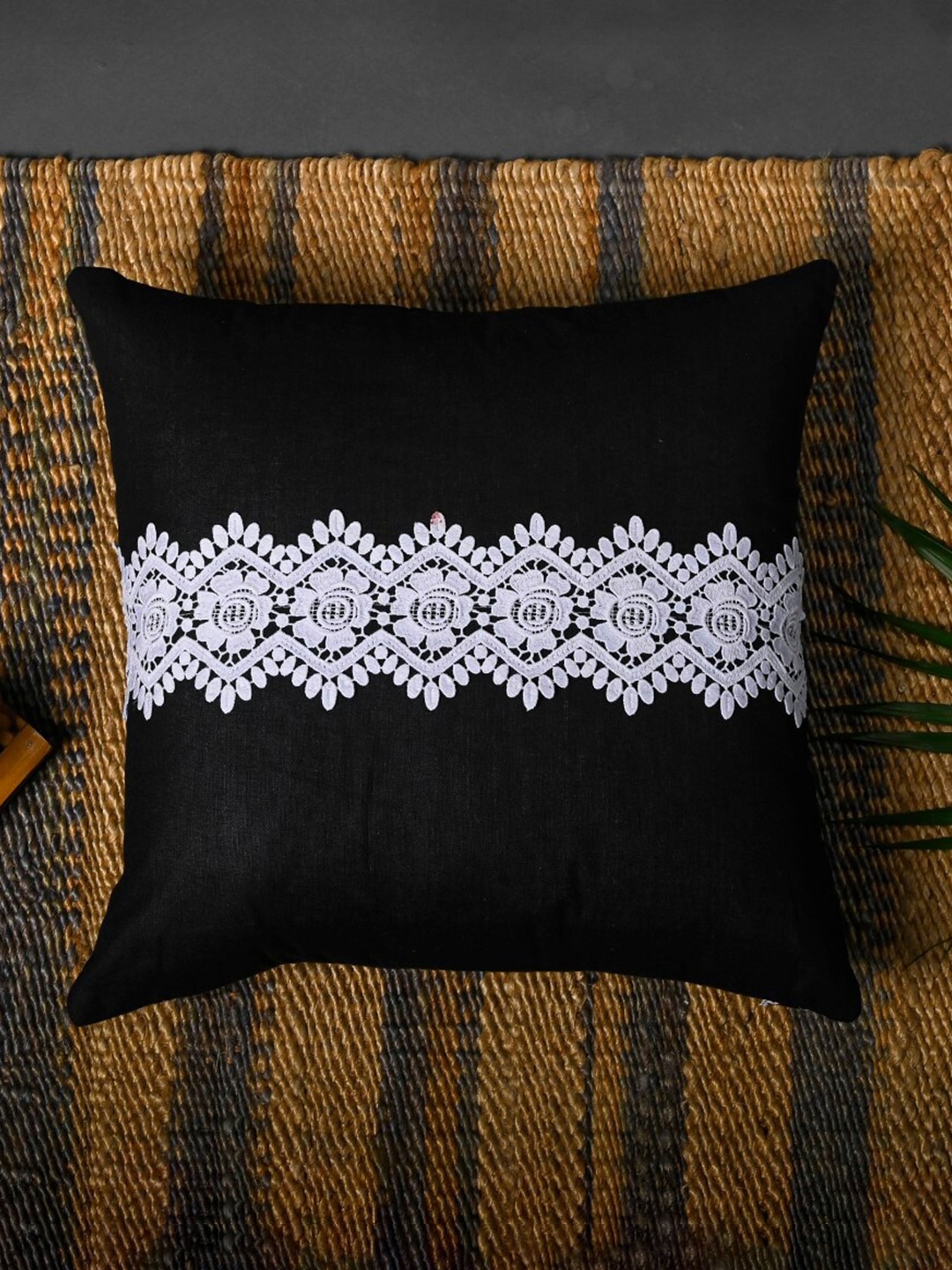 

OUSSUM Black & White Ethnic Motifs Cotton Square Cushion Cover