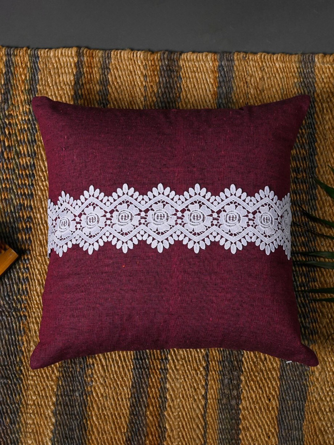 

OUSSUM Pink & White Lace Detailed Cotton Cushion Cover