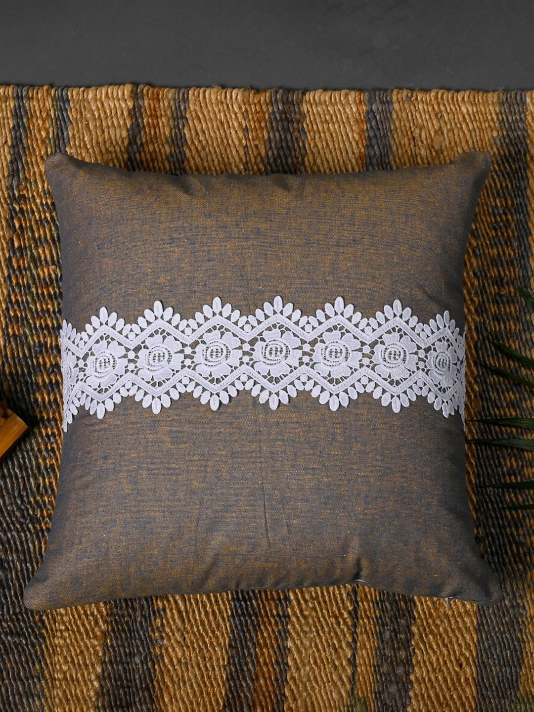 

OUSSUM Brown & White Lace Detailed Cotton Cushion Covers