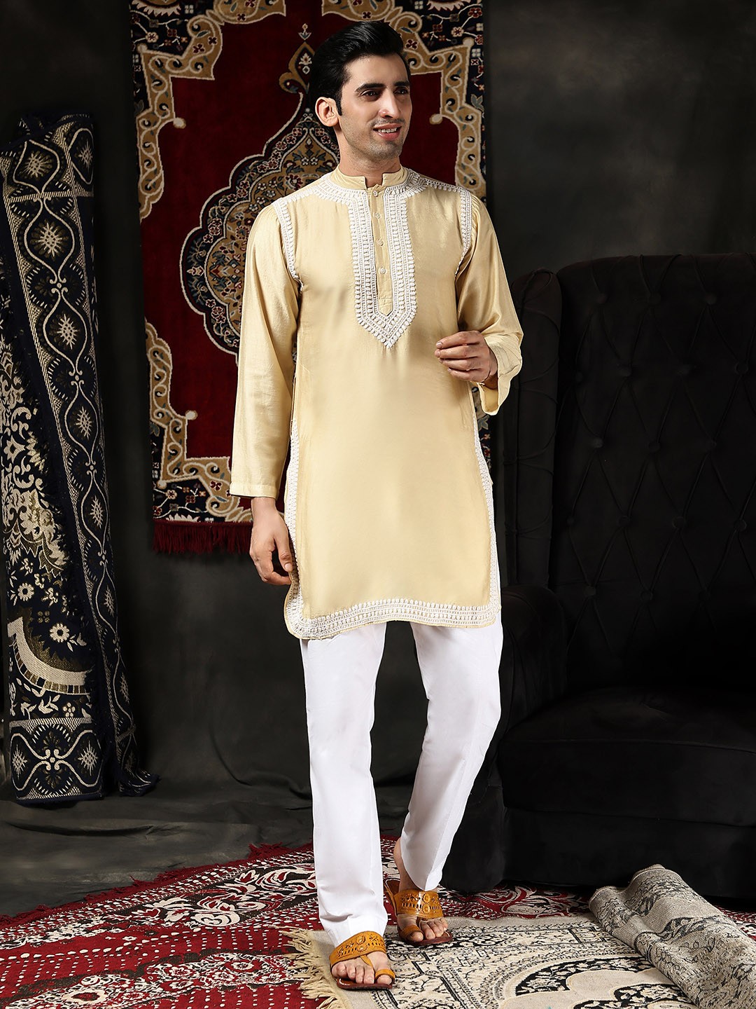 

HOUSE OF KARI Mandarin Collar Chikankari Pure Cotton Kurta, Beige