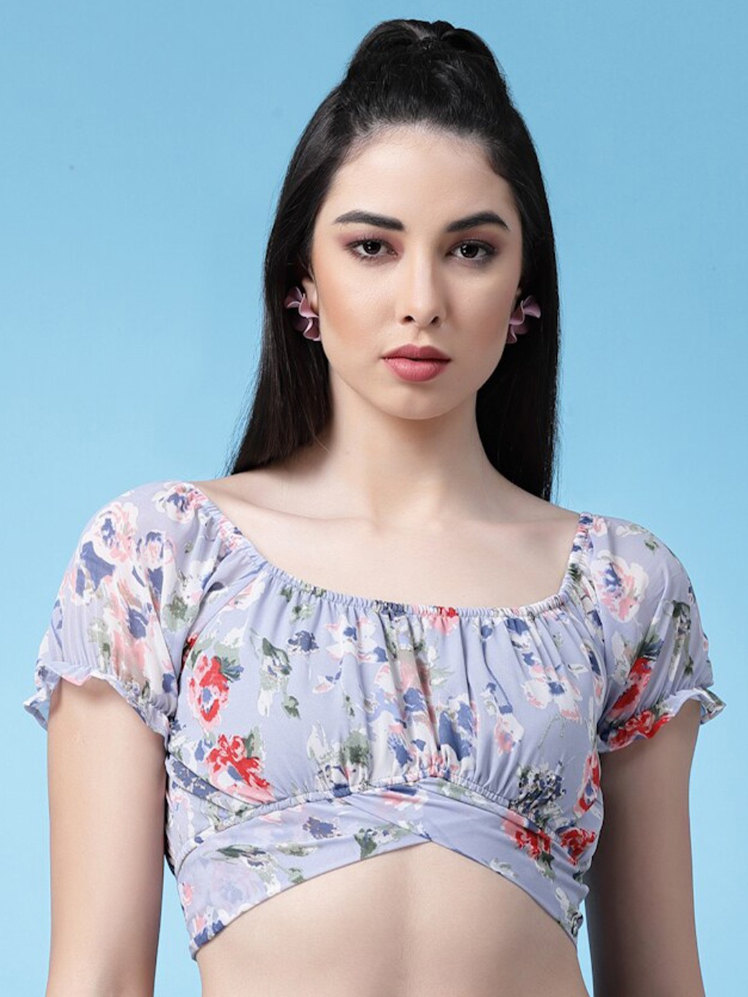 

BAESD Floral Printed Tie Ups Detail Georgette Empire Crop Top, Blue