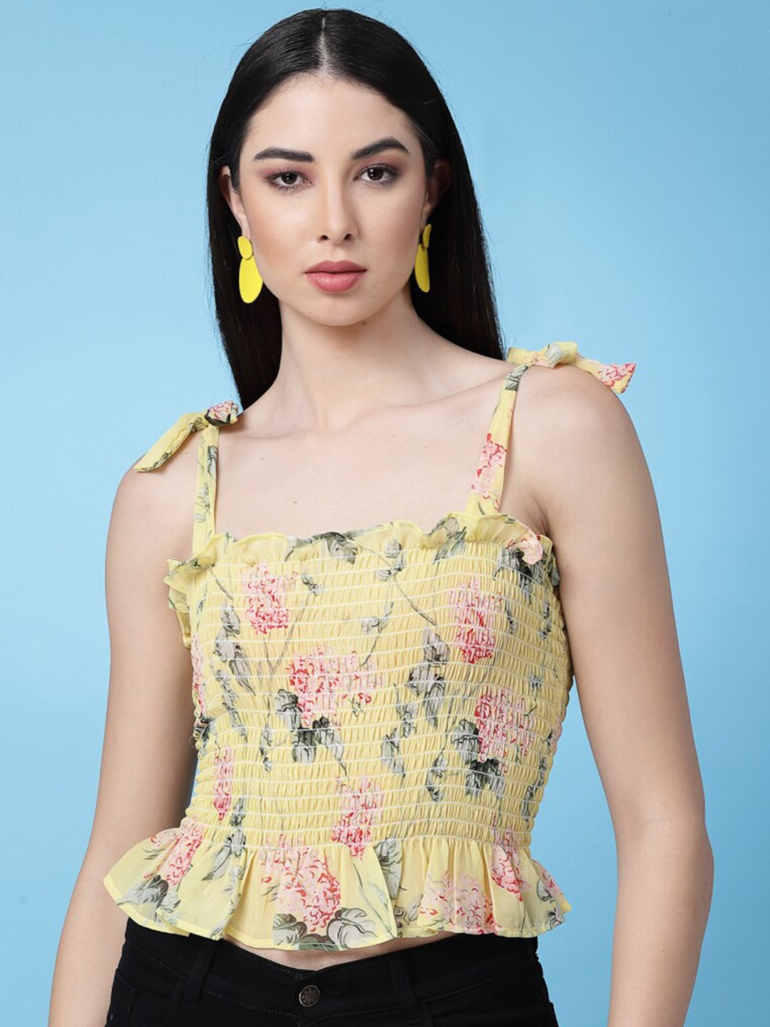 

BAESD Floral Printed Smocked Fitted Crop Top, Yellow