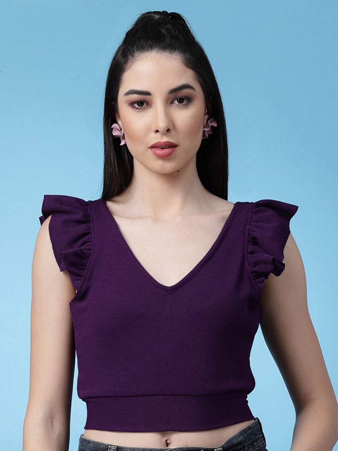 

BAESD Flutter Sleeve Ruffles Styled Back Top, Purple