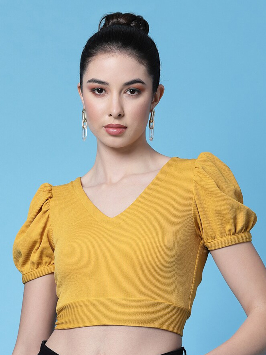 

BAESD Puff Sleeve Layered Crop Top, Yellow