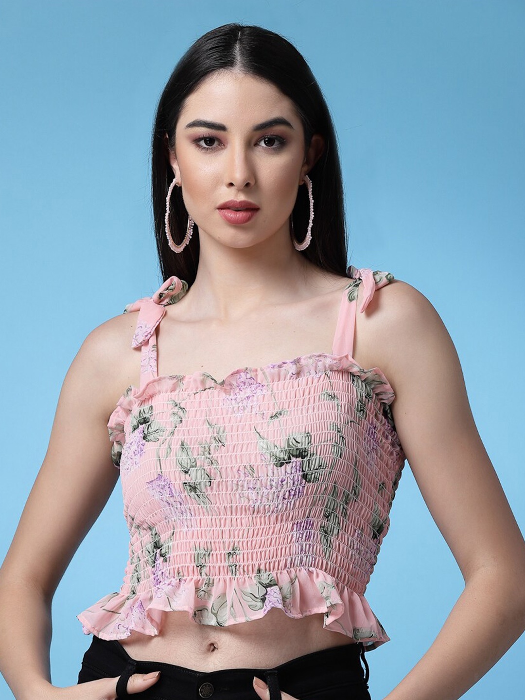 

BAESD Floral Printed Smocked Georgette Fitted Crop Top, Pink