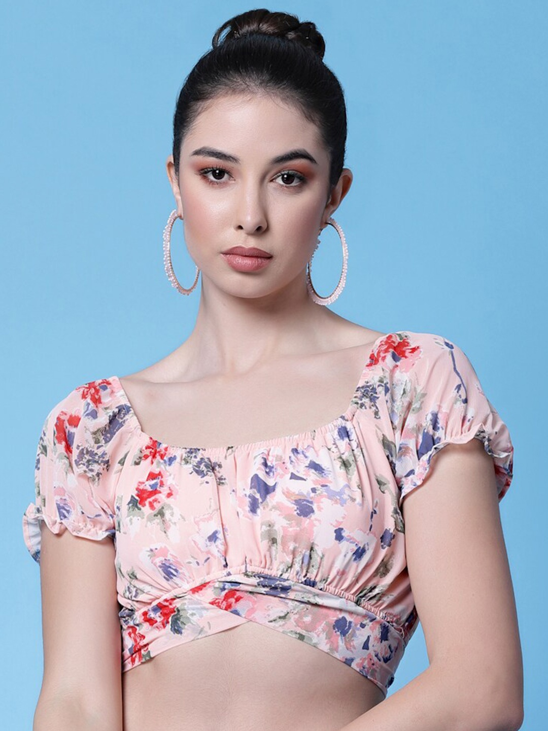BAESD Floral Print Puff Sleeve Georgette Top, Orange