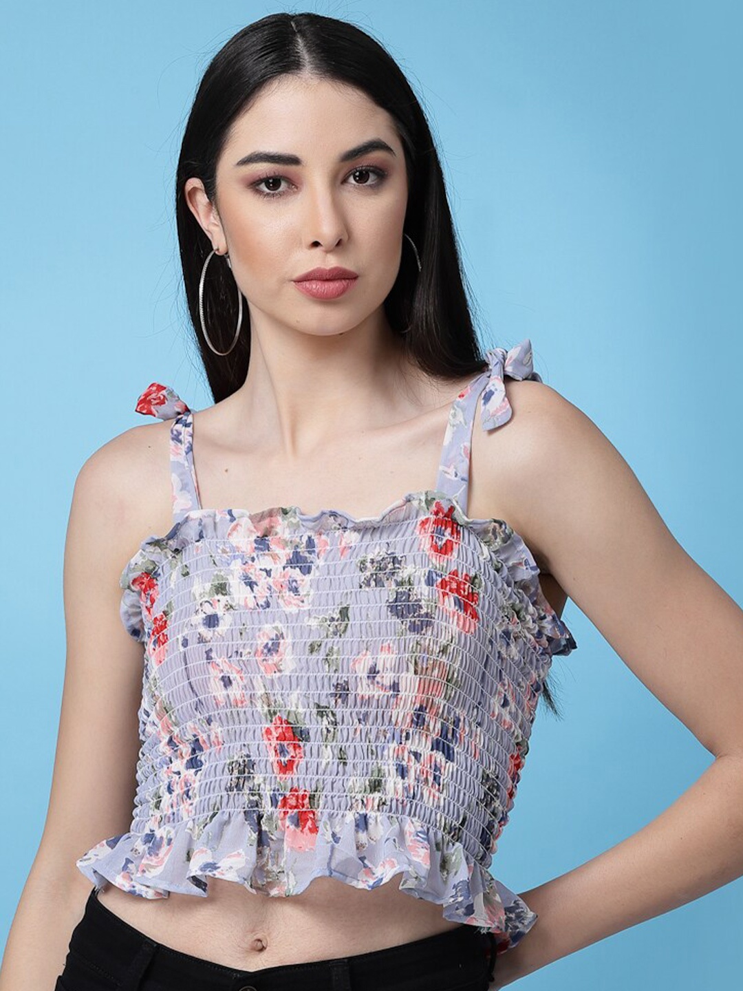 

BAESD Floral Print Smocked Regular Crop Top, Blue