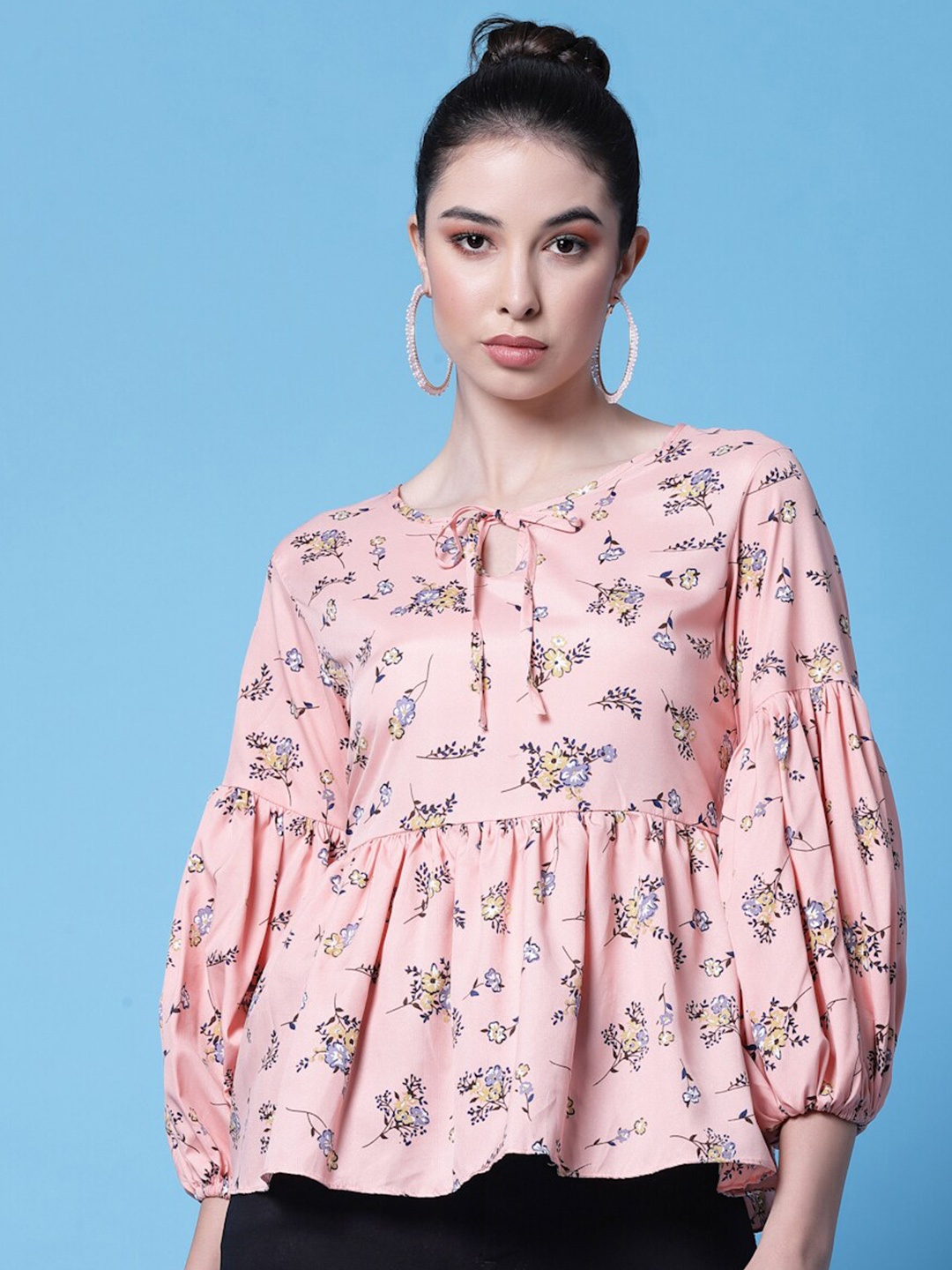 

BAESD Floral Printed Tie-Up Neck Puff Sleeves Gathered Or Pleated Peplum Top, Orange
