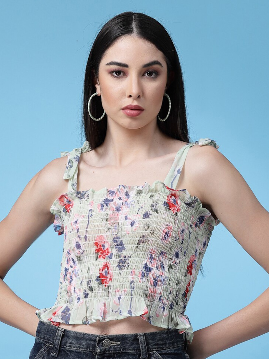

BAESD Floral Printed Smocked Fitted Crop Top, Green