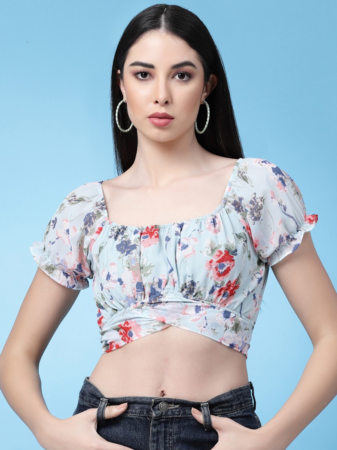 

BAESD Floral Printed Puff Sleeve Georgette Fitted Crop Top, Blue