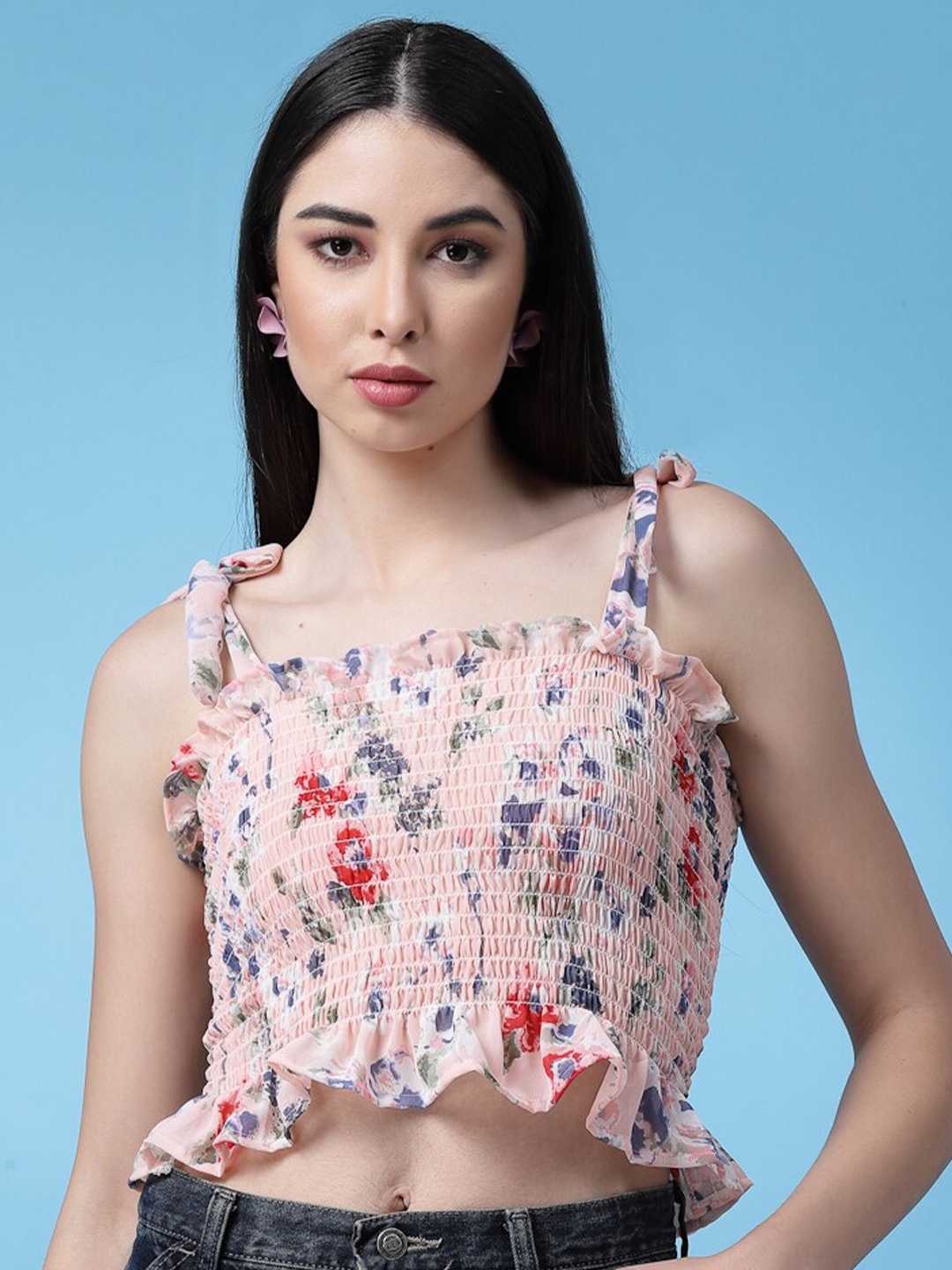 

BAESD Orange Floral Print Smocked Georgette Crop Top