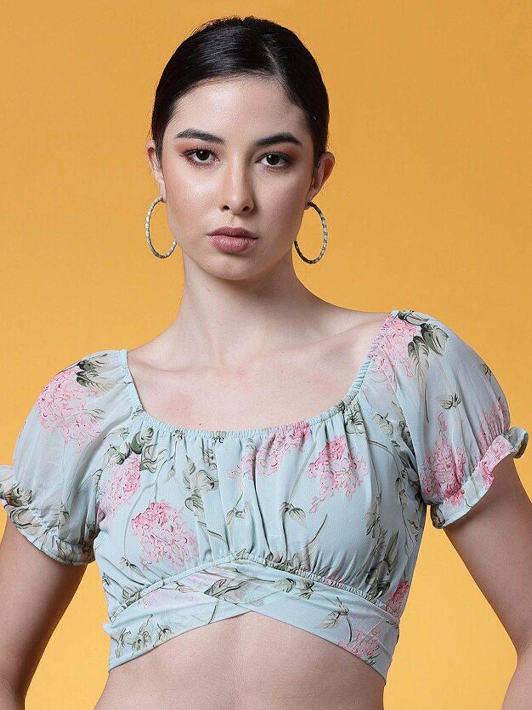 

BAESD Floral Printed Scoop Neck Puffed Sleeves Tie-Ups Georgette Fitted Crop Top, Blue