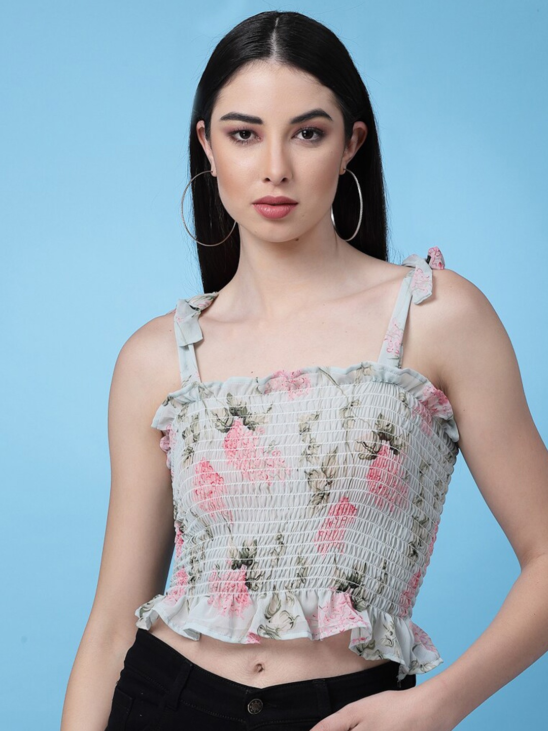 

BAESD Floral Printed Shoulder Strapped Smocked Georgette Crop Top, Blue