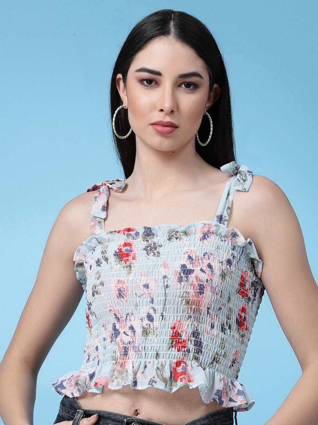 

BAESD Floral Printed Smocked Fitted Crop Top, Blue