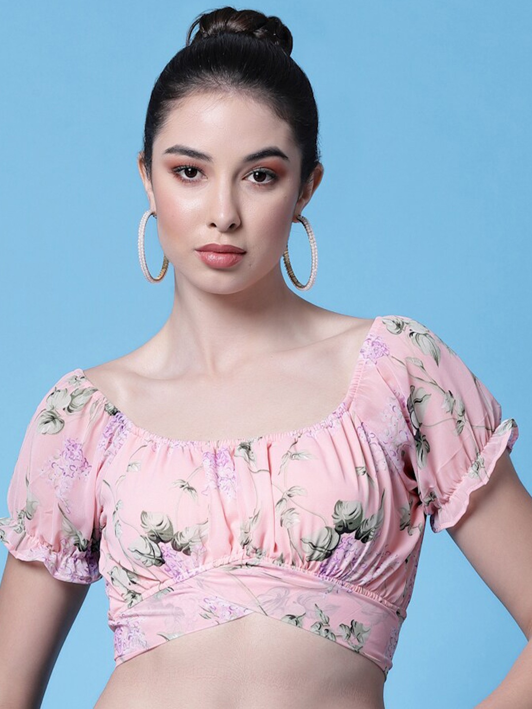 

BAESD Floral Printed Tie-Up Detail Georgette Fitted Crop Top, Pink