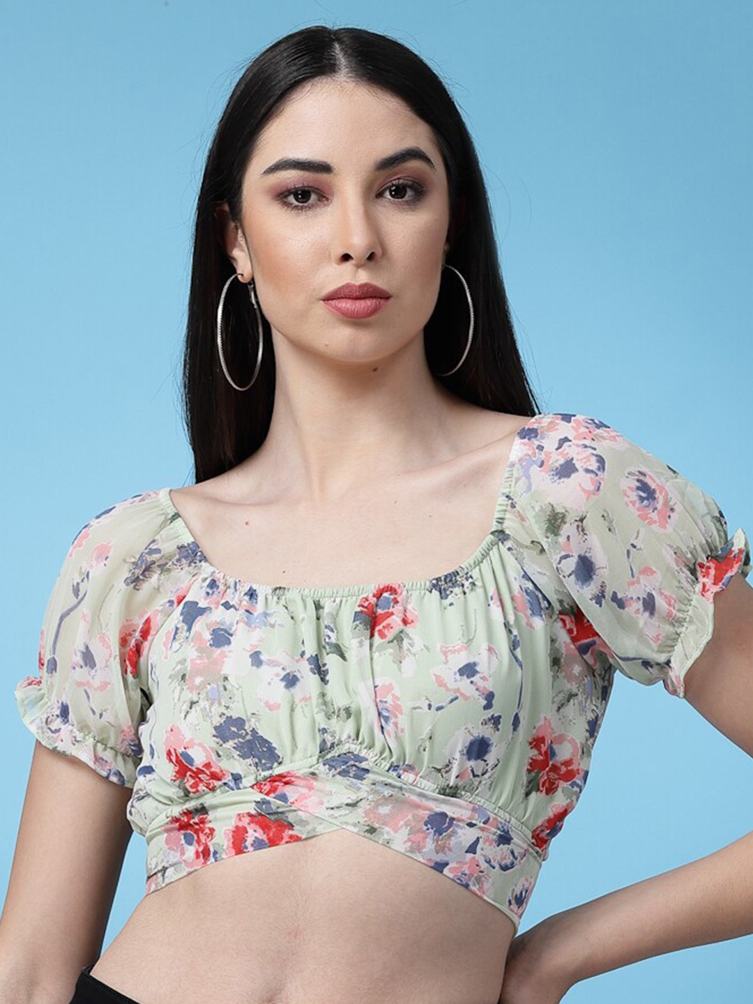 

BAESD Floral Printed Puff Sleeves Crop Top, Green