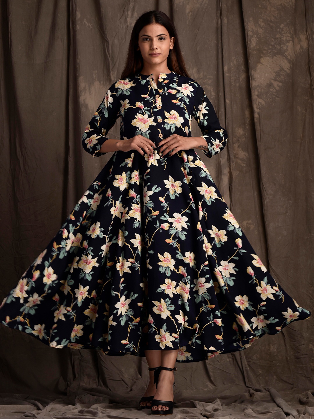 

mokshi Floral Printed Mandarin Collar Fit & Flare Dress, Blue