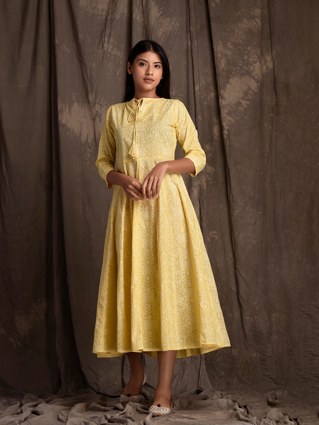 

mokshi Floral Printed Pure Cotton Fit & Flare Midi Dress, Yellow