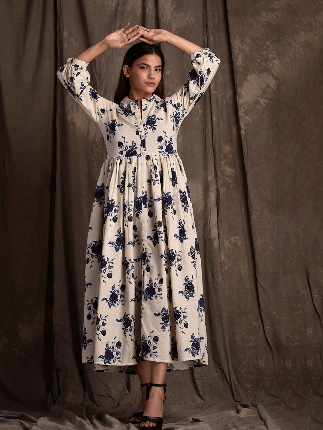 

mokshi Floral Printed Mandarin Collar Gathered Fit & Flare Midi Dress, Beige