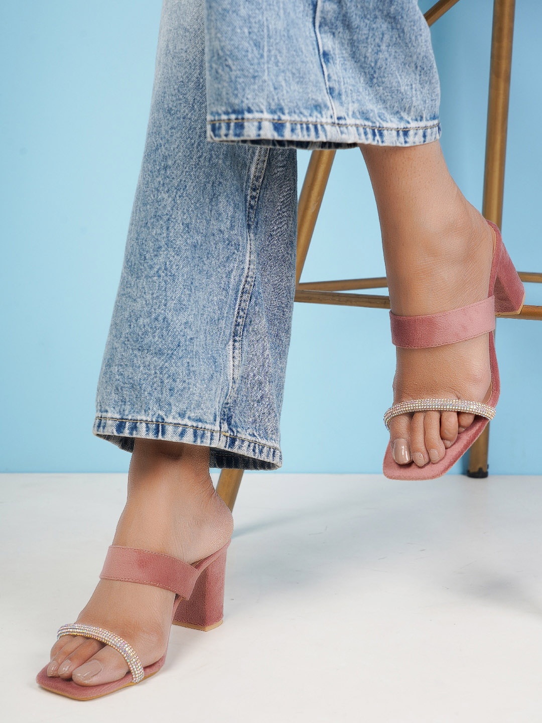 

HEELSNFEELS Embellished Party Block Heels, Peach