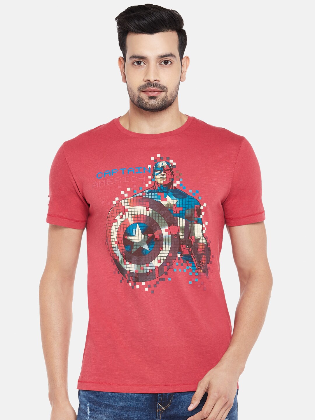 

SF JEANS by Pantaloons Captain America Printed Round Neck Slim Fit Cotton T-Shirt, Rust