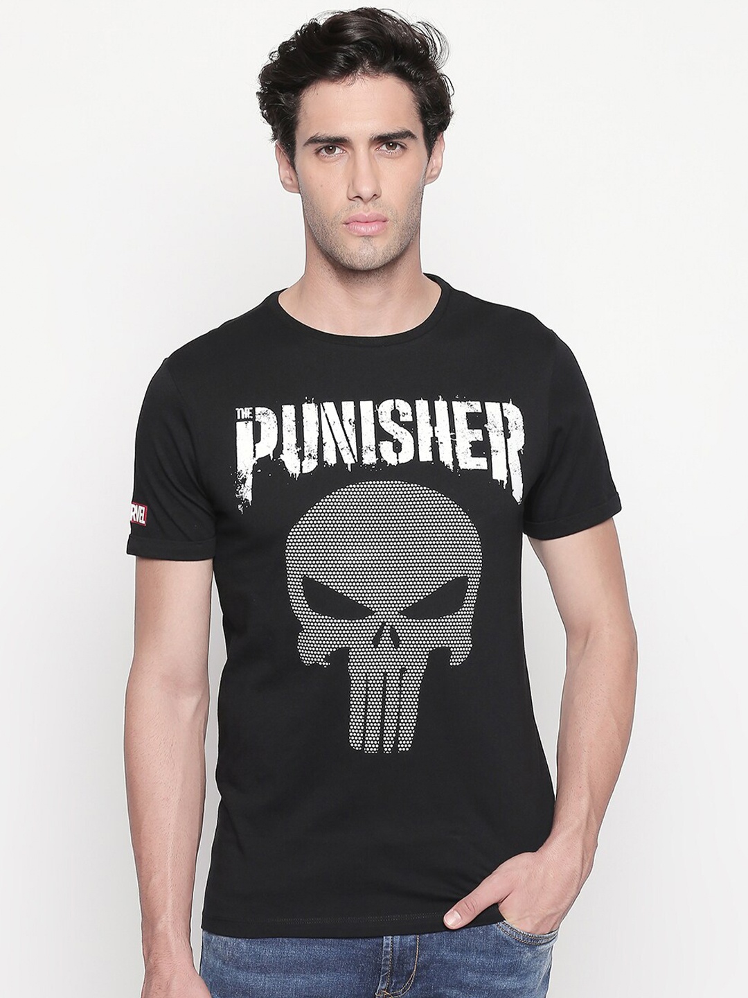 

SF JEANS by Pantaloons Punisher Printed Round Neck Slim Fit Cotton T-Shirt, Black