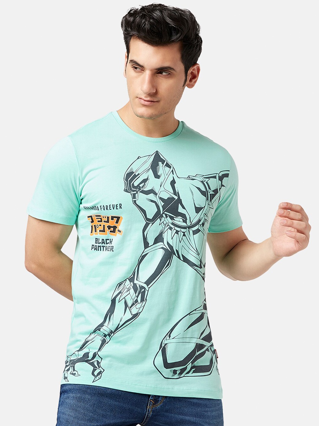 

SF JEANS by Pantaloons Black Panther Printed Slim Fit Cotton T-shirt, Sea green