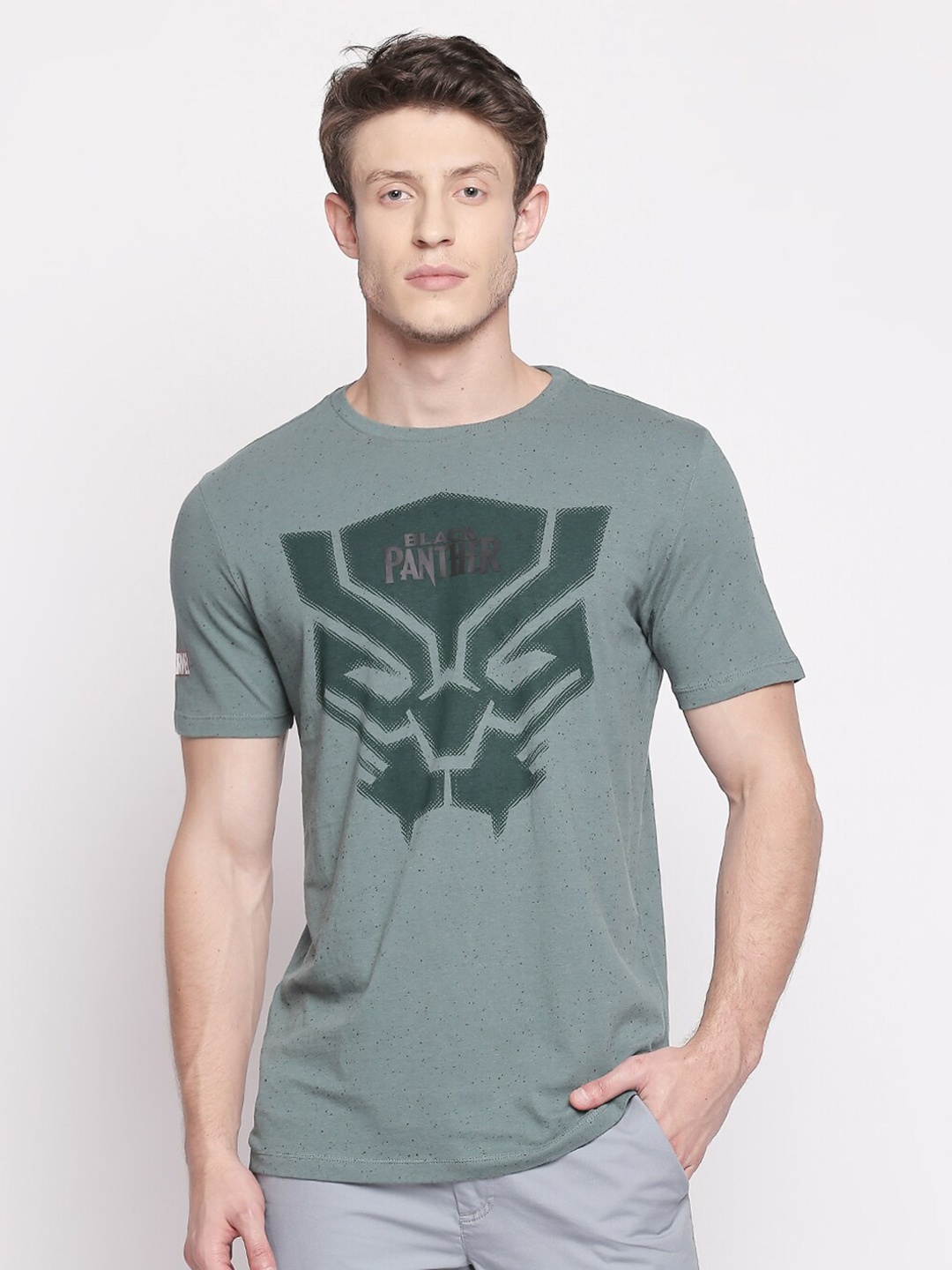 

SF JEANS by Pantaloons Black Panther Printed Slim Fit Cotton T-shirt, Green