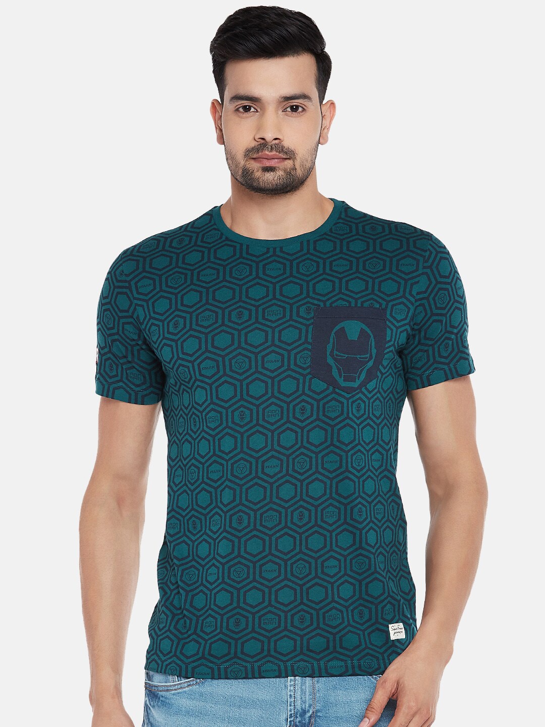 

SF JEANS by Pantaloons Geometric Printed Round Neck Pockets Pure Cotton Slim Fit T-shirt, Teal