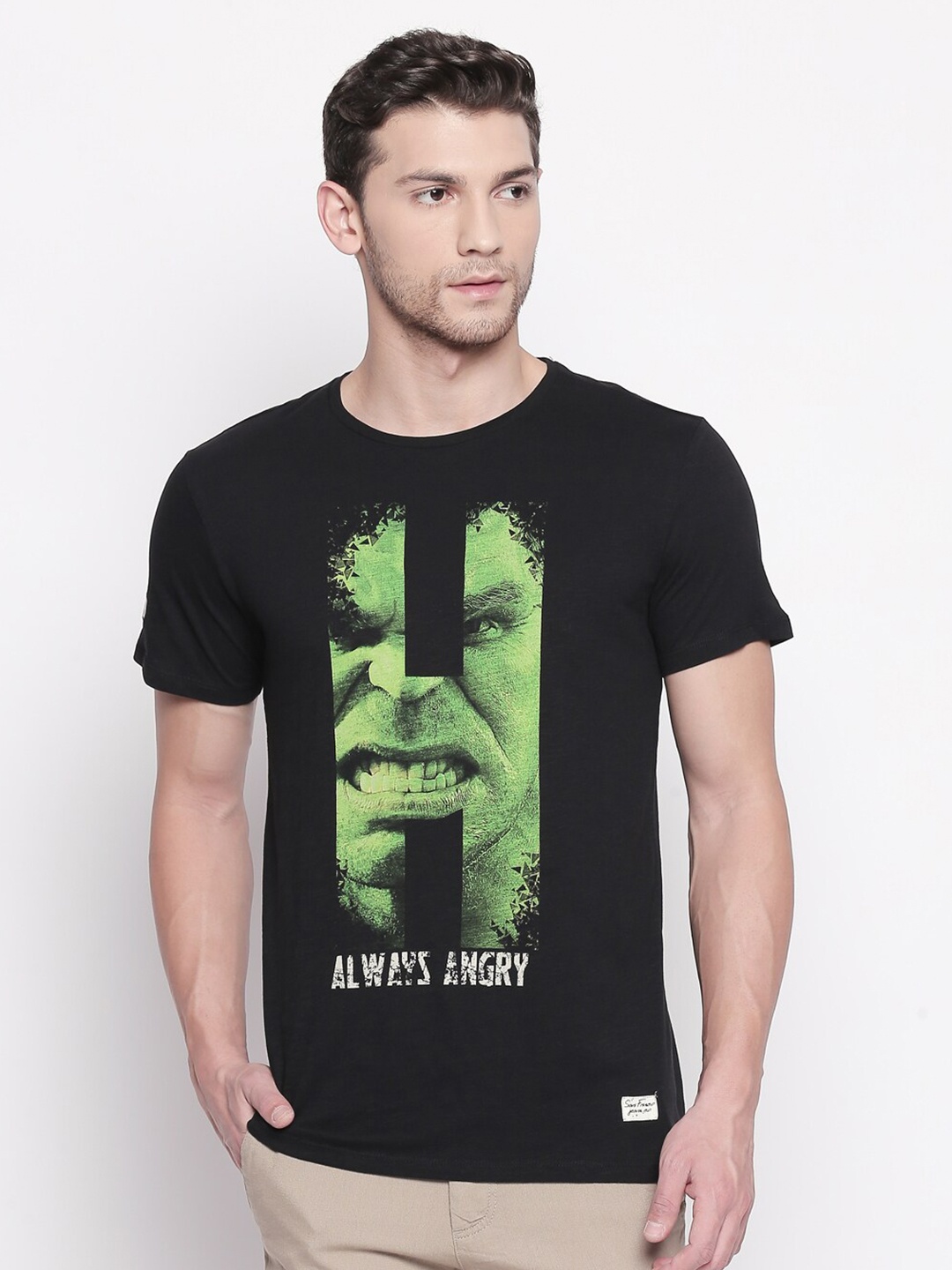 

SF JEANS by Pantaloons Hulk Printed Round Neck Pure Cotton Slim Fit T-shirt, Black