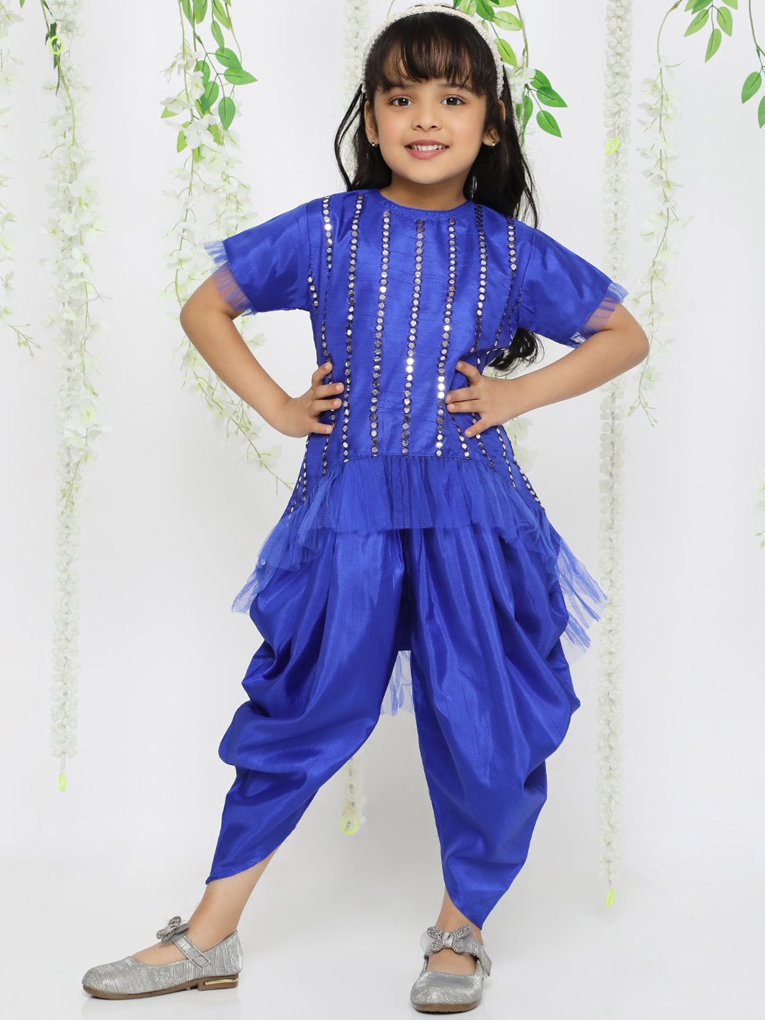 

KID1 Girls Striped Round Neck Mirror Work A-Line Kurti With Dhoti Pants, Blue