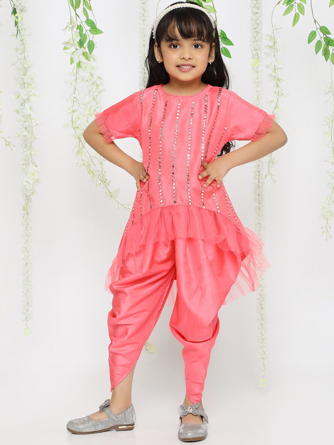 

KID1 Girls Striped Round Neck Mirror Work A-Line Kurti With Dhoti Pants, Pink