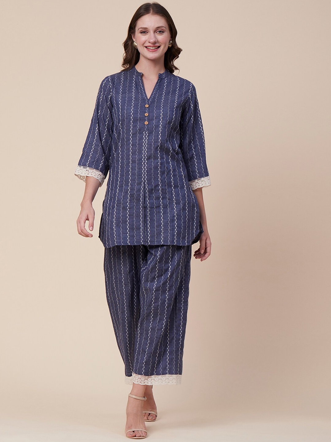 

FASHOR Blue Striped Mandarin Collar A-Line Tunic & Trousers Co-Ords Set